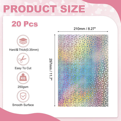 MECCANIXITY 20 Sheets Metallic Foil Paper, A4 Thick 250gsm Cardstock Foil 8.3" x 11.7" Shiny Mirror Glitter Paper Sheets for Crafts Scrapbooks Cards Party Decorations, Heart