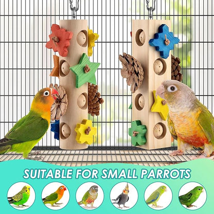 DBNESS Bird Toys for Parrot, 2 Pcs Hanging Colorful Wood Blocks Pine Cones Parakeet Chew Foraging Toy for Beak-Grinding, Cage Accessories for Small to Medium Budgies, Cockatiels, Caiques, Conures