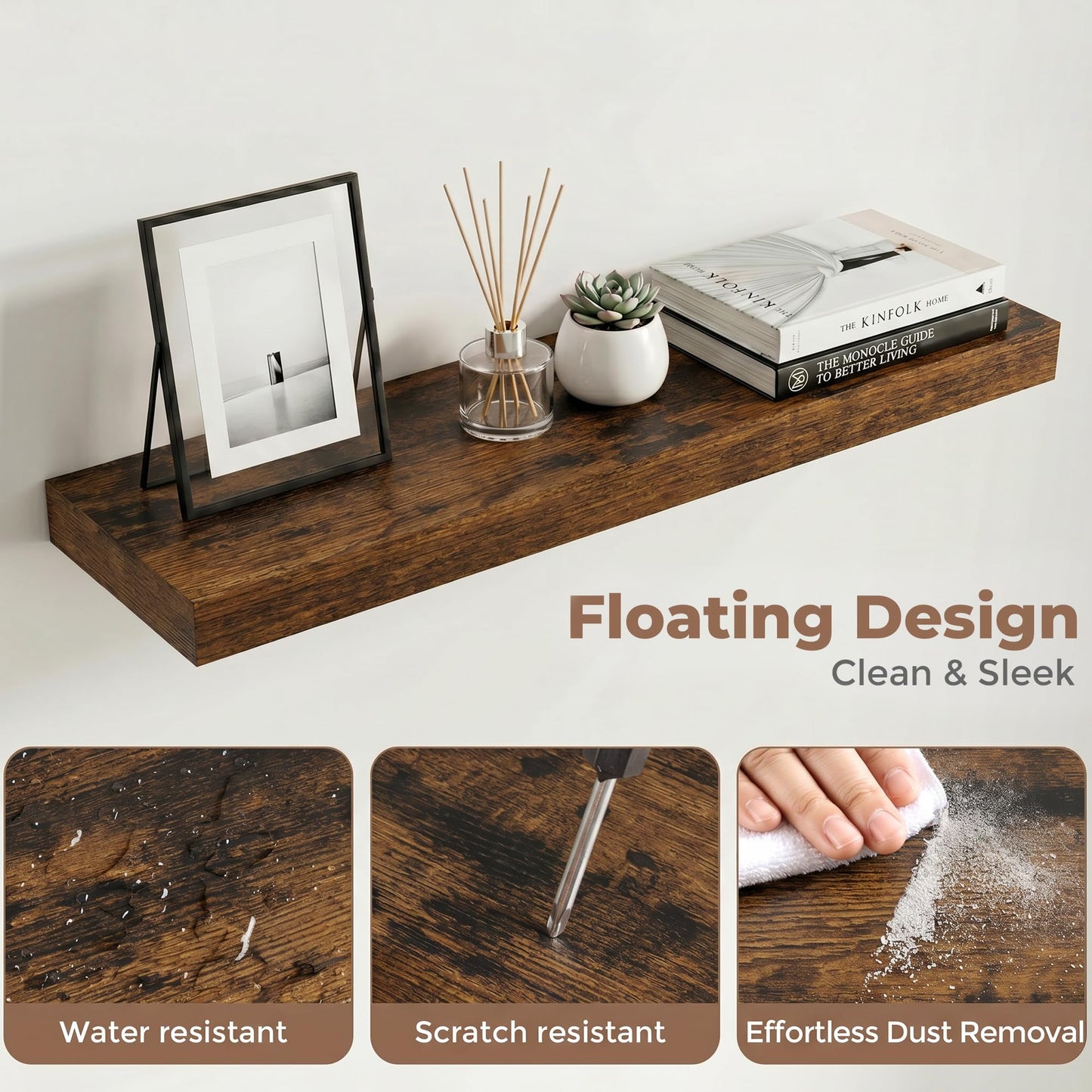FLYJOE Floating Shelves for Wall, 30 Inch Floating Shelves Set of 2, 8" D Wooden Wall Mounted Display Shelves with Invisible Brackets for Living Room, Bedroom, Bathroom, Kitchen Decor, Brown