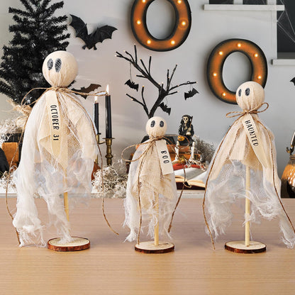 AMDBHC Summerween Decoration Halloween Decorations Indoor - 3 Set of Primitive Ghosts on Wooden Stand for Table Centerpieces Tiered Trays Shelves Mantels Home Halloween Décor