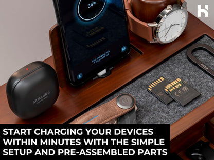 Holme & Hadfield Premium Wooden Phone Docking Station with Drawer – Nightstand Organizer for Charging Phone & Earbuds – Declutter Your Space with Felt-Lined Protection & Watch Pillar - Gift for Men