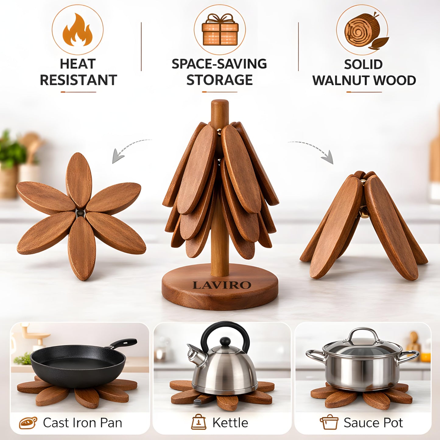 Natural Solid Black Walnut Wooden Tree Trivets for Hot Dishes – Foldable Artisanal Pot Holders for Pots & Pans, Decorative Kitchen Counter Storage Stand (Set of 4)