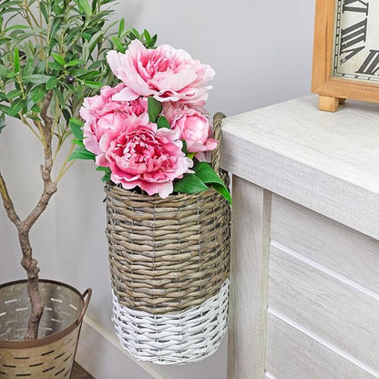 AuldHome Design Wall Hanging Baskets; Woven WIcker Rustic Farmhouse Two-Tone