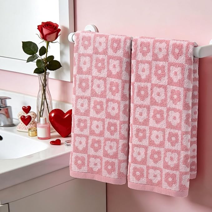 Jacquotha Cotton Hand Towels Pink Checkered Floral