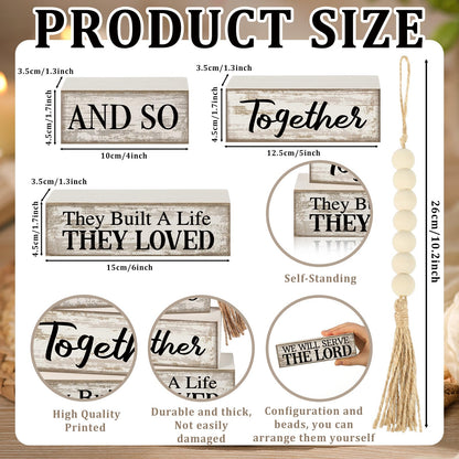 4 Pcs Farmhouse Home Decoration Wooden Tabletop and So Together They Built a Life They Loved Decor Motivational Tiered Tray Decor Rustic Block Sign Retro Bead Garland Table Centerpiece for Shelf Desk
