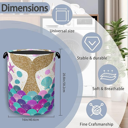 Fish Scales Laundry Basket, Mermaids Seashell Foldable Oxford Cloth Tote Bag