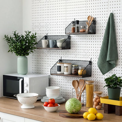 Ferrochef 3 Pack Pegboard Shelves with Hooks, Wall Mounted Grid Shelves, Pegboard Organizer Bins with Wooden Base, Heavy Duty Peg Board Storage Accessories for Kitchen, Bathroom, Garage, Office(Black)