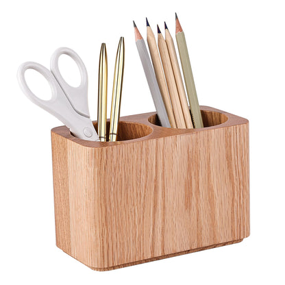 CAMLOT Oak Solid Wood Pen &Pencil Holder for Desk, Office Stationery Organizer, Table Pencil Cup Stand,Desk Accessories Holder, Two Cups Practical Design. (Nature Oak)