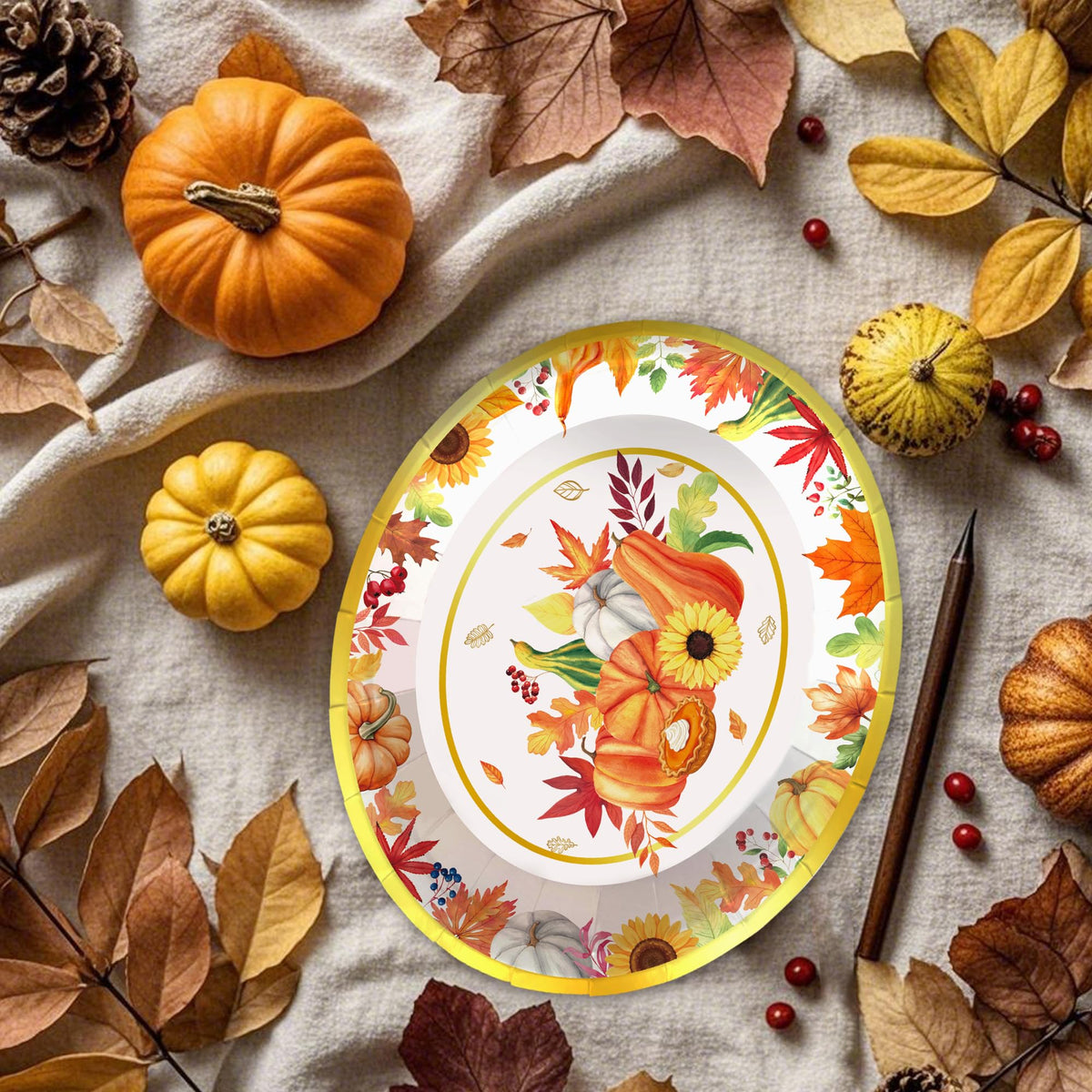 50PCS Autumn Harvest Party Plates Fall Pumpkin Themd Oval Plates Thanksgiving Maple Leaf Disposable Dinner Plates for Fall Gathering Party Decorations Holiday Festive Serving Trays and Platters