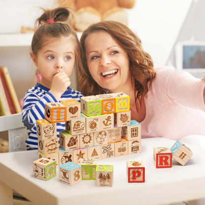 SainSmart Jr. Wooden Alphabet Blocks 1.73 Inch, 30Pcs Building Blocks Including Letters, Numbers and Animals, Montessori Wooden Blocks for Preschool Toddlers
