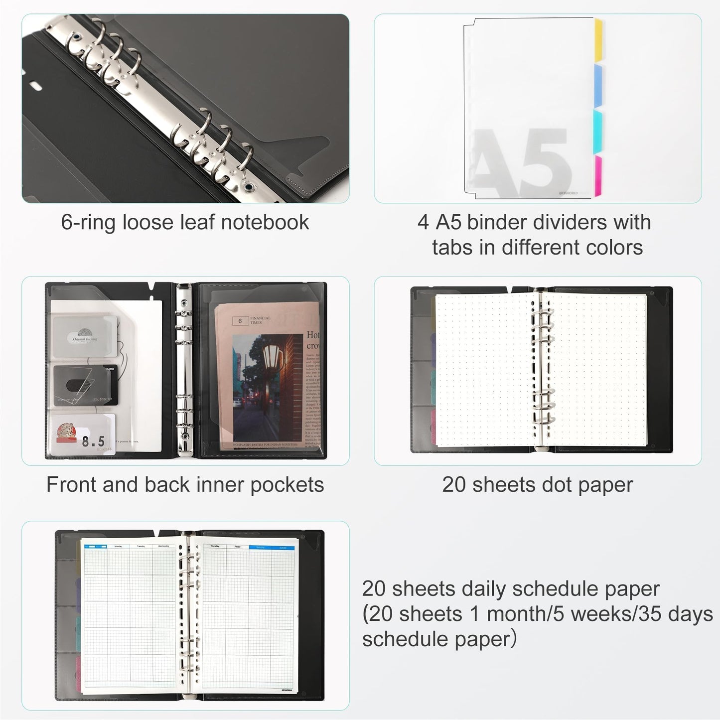 CAGIE A5 Binder 6 Ring Notebook with Dividers Refillable Planner Binder with Pockets, Refill Paper Include Planning Square Ruled and Dotted Pages, 6.89 x 9.25 in, (Grey and Purple, A5 Daily&Dot Page)