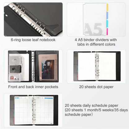 CAGIE A5 Binder 6 Ring Notebook with Dividers Refillable Planner Binder with Pockets, Refill Paper Include Planning Square Ruled and Dotted Pages, 6.89 x 9.25 in, (Grey and Purple, A5 Daily&Dot Page)