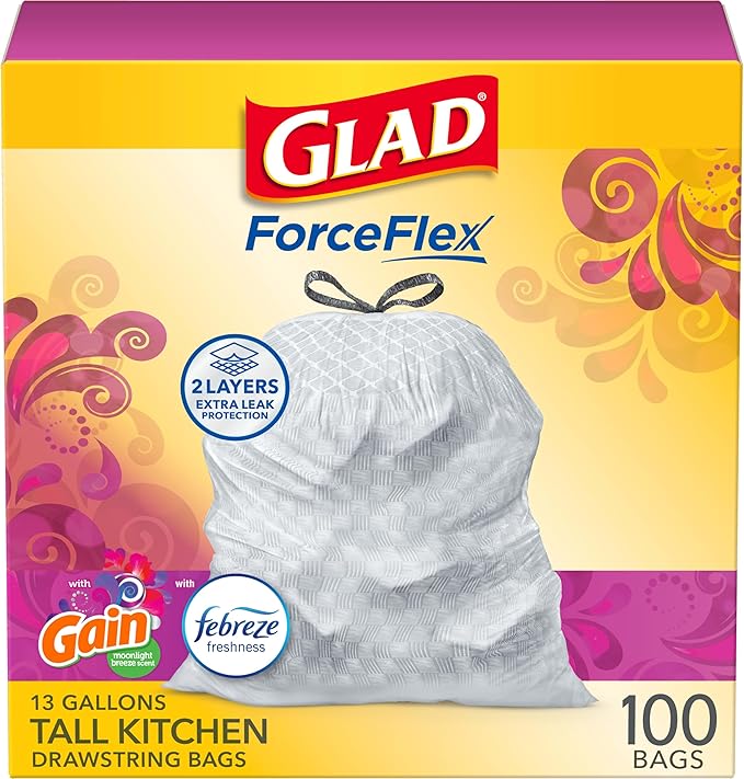 Glad ForceFlex Tall Kitchen Trash Bags, 13 Gallon, Gain Moonlight Breeze