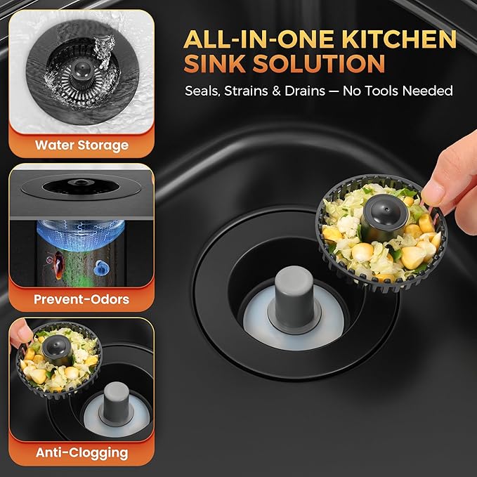 3-in-1 Kitchen Sink Strainer & Stopper, Matte Black Pop Up Drain Filter –