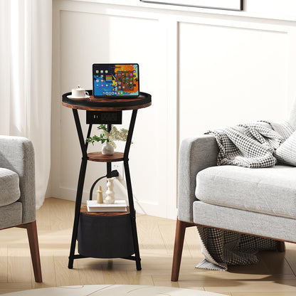 Yusong Round Side Table with Charging Station, Small Drink Table for Small Spaces, 3-Tier Industrial End Table, Accent Nightstand Bedside Table for Living Room, Bedroom, Sofa Couch, Rustic Brown