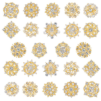 MEEDOZ Lot 24Pcs Assorted Crystal Rhinestone Flower Brooch Pins Set for Crafts Embellishment, Wedding Bouquet Brooches for Women Fashion (Gold Plated)