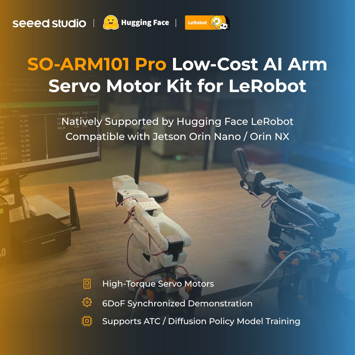 AI Robotic Arm Kit with Servo Motors – LeRobot SO-ARM101 Pro Low-Cost (Without 3D Printed Parts) | 6-DOF, Open-Source, Compatible with NVIDIA Jetson