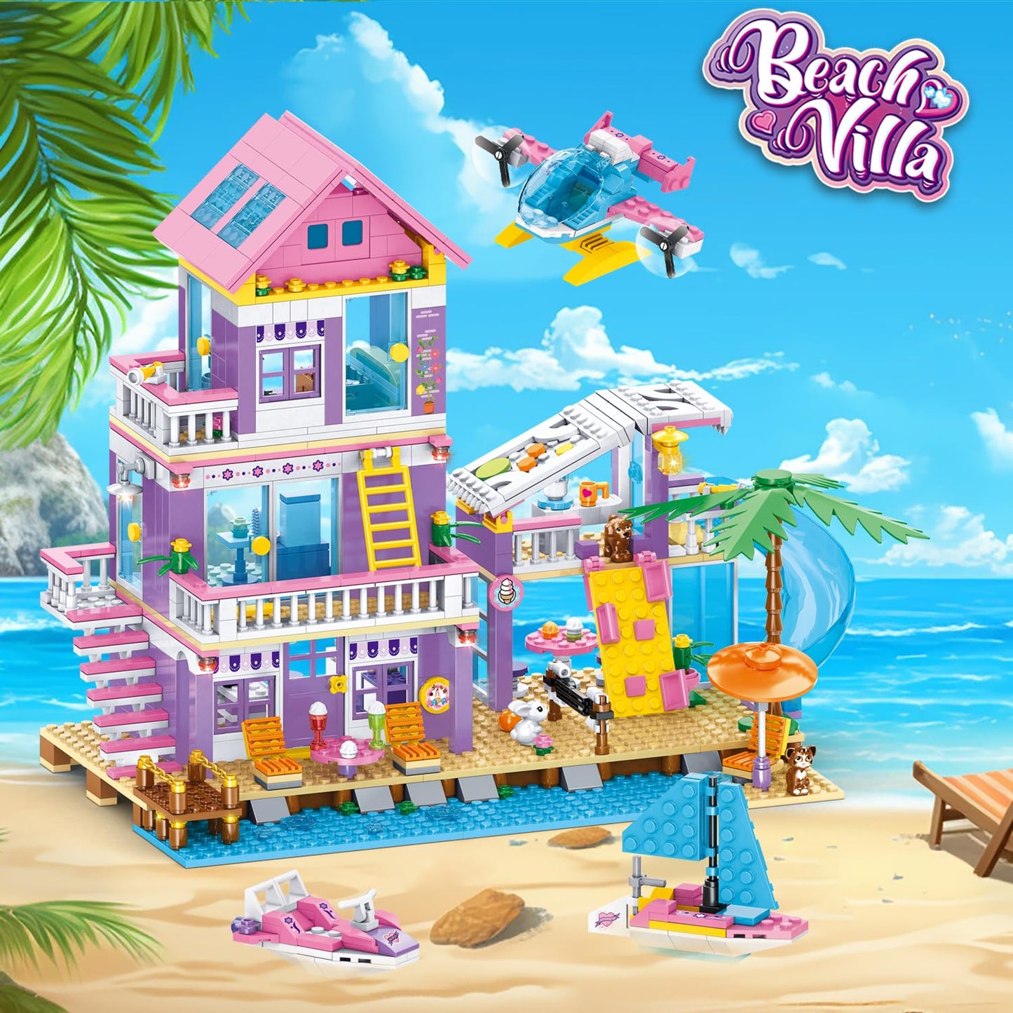 WINGIFT 955 Piece Beach House Building Set,Seaside Beach Villa Building Toys Friends Vacation Hut Blocks Set,STEM BuildingToys with Helicopter,Yacht,Sailboat,Christmas Birthday Gift for Girl Age 6-12+