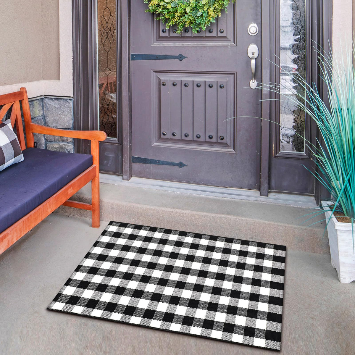 Drydiet Black and White Checkered Area Rug 27.5" x 43" Cotton Woven Washable Buffalo Plaid Outdoor Rug for Layered Door Mat Farmhouse Front Porch Entryway Indoor Outdoor