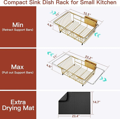 JASIWAY Gold Dish Drying Rack in Sink with Mat, Expandable Stainless Steel Dish Drainers for Kitchen Counter, Space Saving Dish Dryer for Inside Sink, Over Sink Dish Racks with Utensil Holder