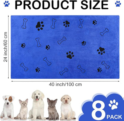 Chumia 8 Pcs Dog Towels for Drying Dogs Cats Pet Towels Bulk Puppy Microfiber Fast Drying Paw Bath Bathing Supplies Absorbent for Medium Pets(40 x 24 Inch,Dog Paw and Bone,Dark Blue)