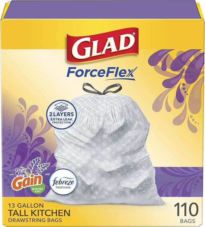 Glad ForceFlex Tall Kitchen Drawstring Trash Bags, 13 Gal, Gain Lavender