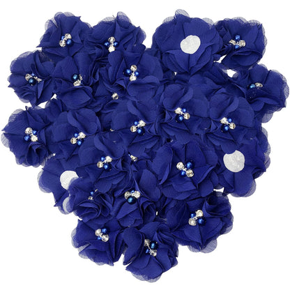 30pcs Rhinestone Chiffon Flower 2" Sewing Fabric Appliques for Clothing Craft Party Wedding Decor Tassel Topper Decoration Gift Wrapping Headbands Hair Accessories DIY (Dark Blue)