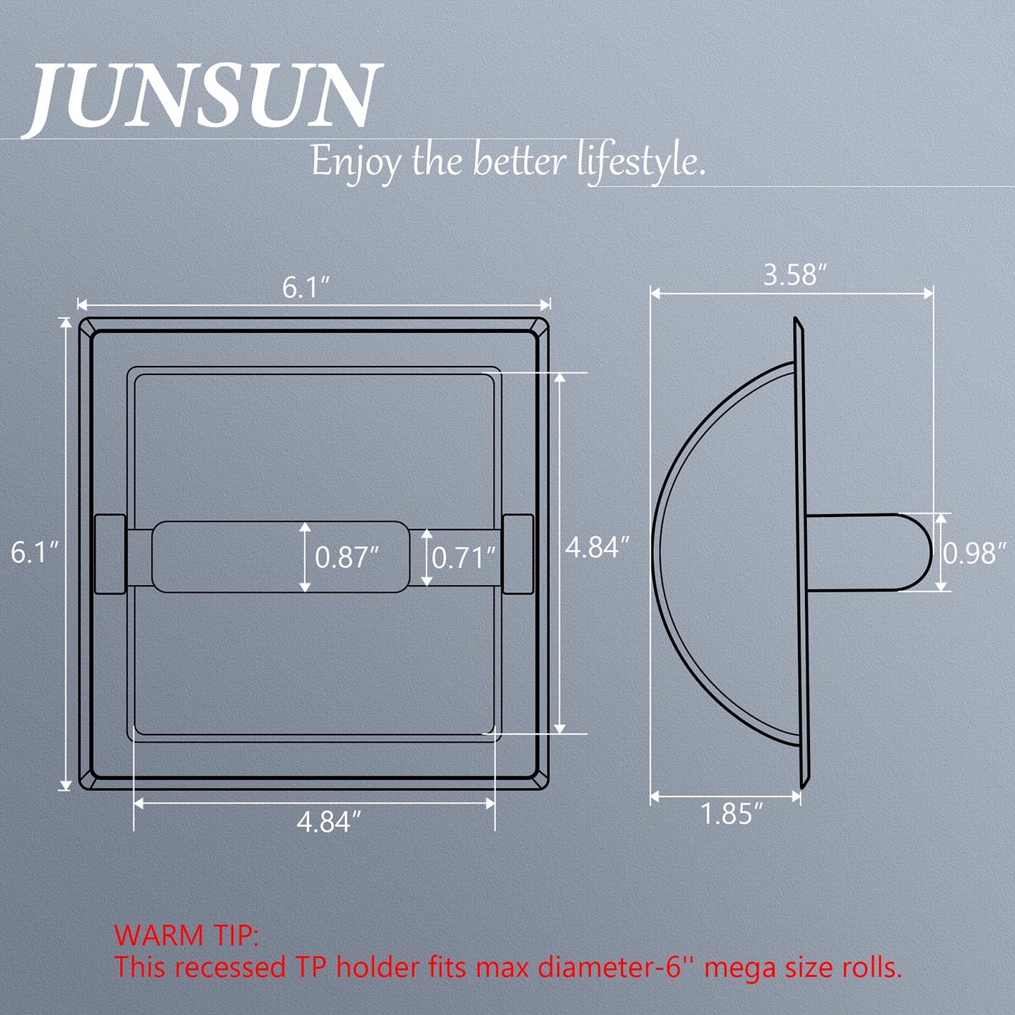 JunSun Recessed Toilet Paper Holder Brushed Nickel Stainless Steel Toilet Paper Roll Holder Tissue Holder Modern Tissue Roll Holder 6" X 6" Square Jumbo Mega Roll Holder Rear Mounting Bracket Included