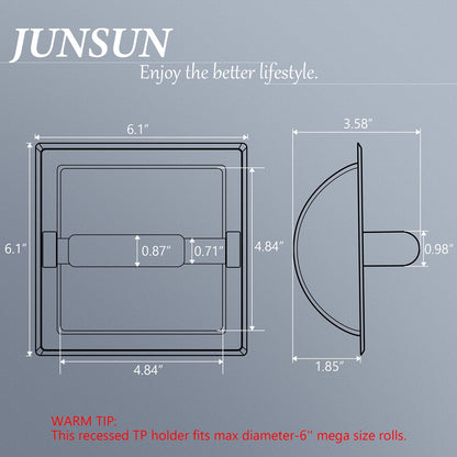 JunSun Recessed Toilet Paper Holder Brushed Nickel Stainless Steel Toilet Paper Roll Holder Tissue Holder Modern Tissue Roll Holder 6" X 6" Square Jumbo Mega Roll Holder Rear Mounting Bracket Included