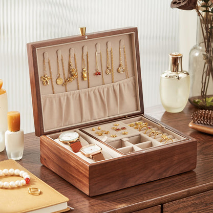 CHOSIN Black Walnut Wooden Jewelry Box for Women 2 Layer Jewelry Organizer with Removable Tray for Watches Rings Earrings Necklace Bracelets Storage, Ideal Gift for She, Fathers Day Gift