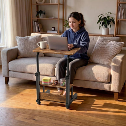 WINAZ C Shaped Rolling Laptop Desk - 24" Rustic Brown Mobile Kids Desk with Wheels for Small Spaces, Height Adjustable Overbed Table with 2-Tier Storage Shelves