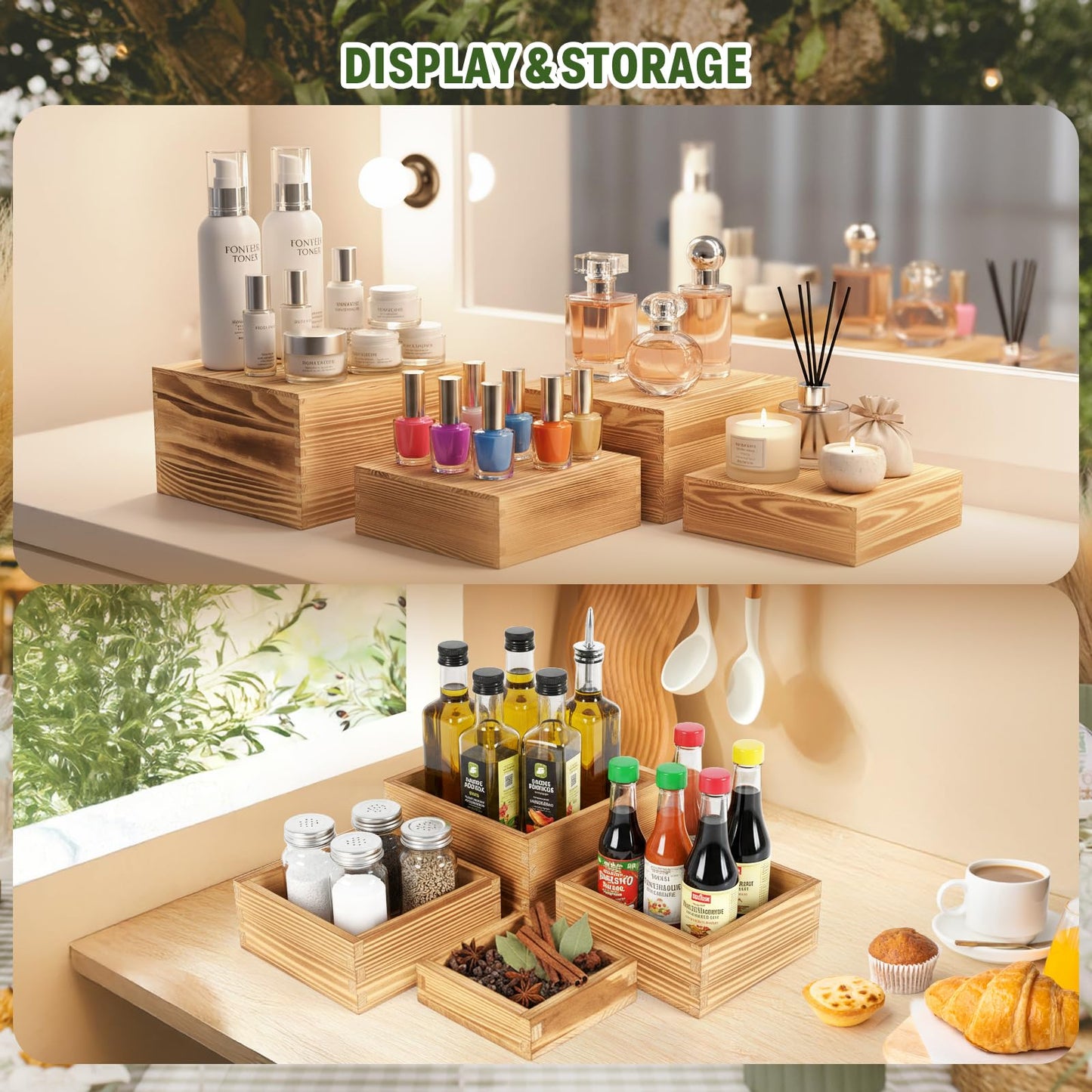 Budiwati 8-Pack Pine Wood Buffet Risers, Multi-Size Nesting Cube Food Display Stands for Buffet Table & Catering, Hollow Bottoms Food Risers for Multi-Level Buffet Presentation