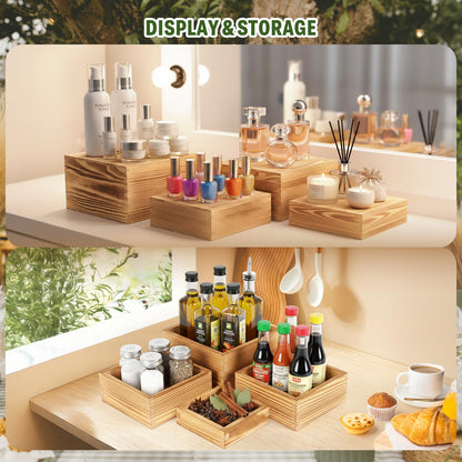 Budiwati 8-Pack Pine Wood Buffet Risers, Multi-Size Nesting Cube Food Display Stands for Buffet Table & Catering, Hollow Bottoms Food Risers for Multi-Level Buffet Presentation