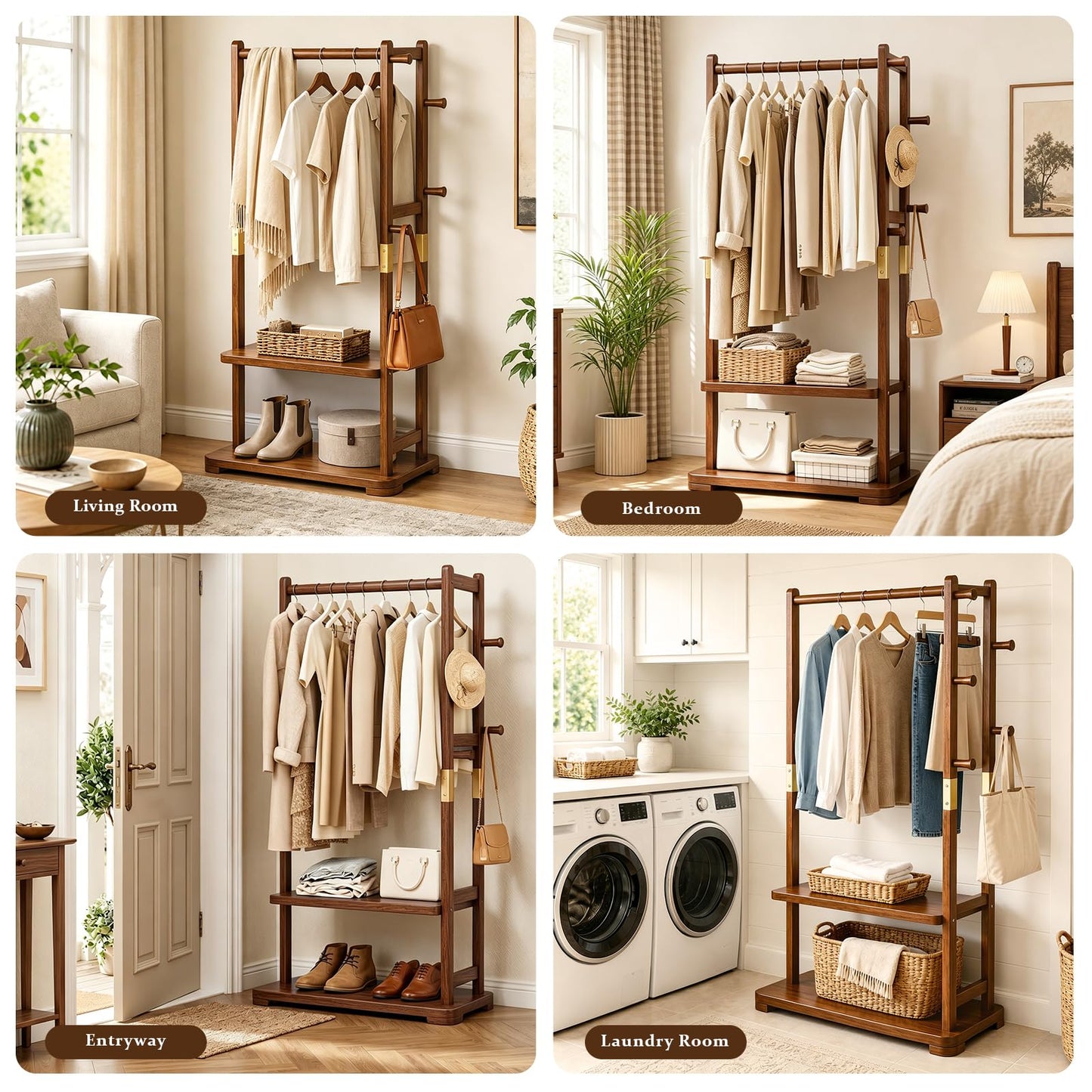 Taitiy Coat Rack Solid Wood Clothes Rack with 2 Shelves & 5 Hooks for Hanging Clothes Garment Wallets Hats, Clothing Rack Heavy Duty Coat Rack Freestanding with Storage Hall Tree for Hallway Bedroom