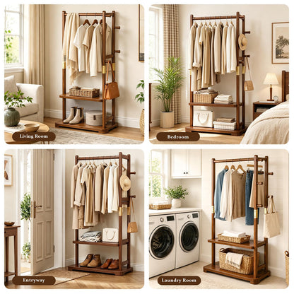 Taitiy Coat Rack Solid Wood Clothes Rack with 2 Shelves & 5 Hooks for Hanging Clothes Garment Wallets Hats, Clothing Rack Heavy Duty Coat Rack Freestanding with Storage Hall Tree for Hallway Bedroom