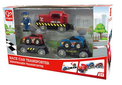 Hape Race Car Transporter | Six-Piece Wooden Toy Train Car Transport Set for Kids