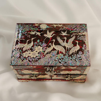 February Mountain Korean Mother of Pearl Jewelry Box – 2-Drawer Keepsake Box with Mirror, Traditional Oriental Trinket Organizer – Gift for Women, Mom, Wife, Anniversary (Crane and Pine tree - Red)