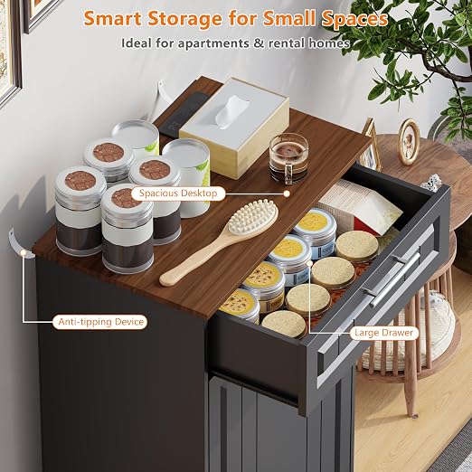 Single 10 Gallon Tilt Out Trash Can Cabinet with Deodorizing Function, Wooden Hidden Garbage Can Holder with Storage Drawers for Kitchen and Dining Room, Laundry Hamper Cabinet for Bathroom, Black