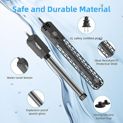 FREESEA Aquarium Heater for Fish Tank: 100W/200W/300W/500W Submersible Fish Tank Heater with Over-Temperature and Off-Water Protection for 75-120 Gallon Saltwater and Freshwater