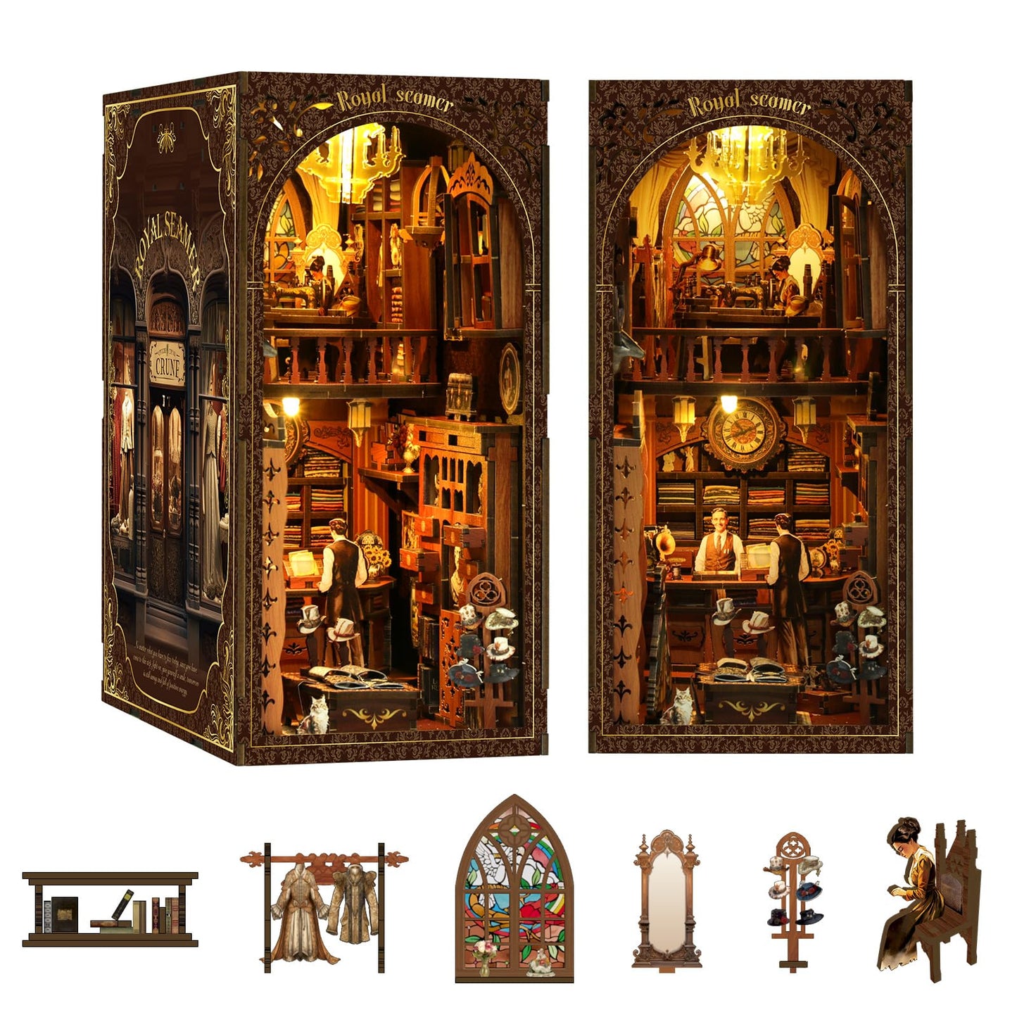 Shylamb Book Nook Kit - DIY Miniature Dolls House Kit with Furniture and LED Light, 3D Puzzle Wooden Art Bookends, Model Kits for Adults and Teens (Royal Tailor Shop)