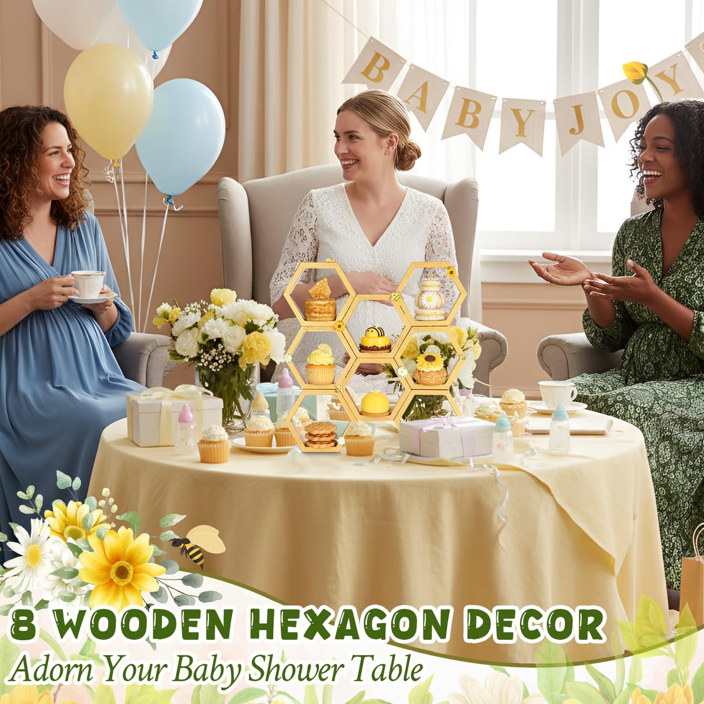 Lallisa 8 Pcs 6.3 Inch Honeycomb Cupcake Stand Bee Baby Shower Decorations with 16 Bee 8 Flower Farmhouse Wooden Hexagon Cake Display Holder Beehive Shelves Table Sign for First Gender Reveal