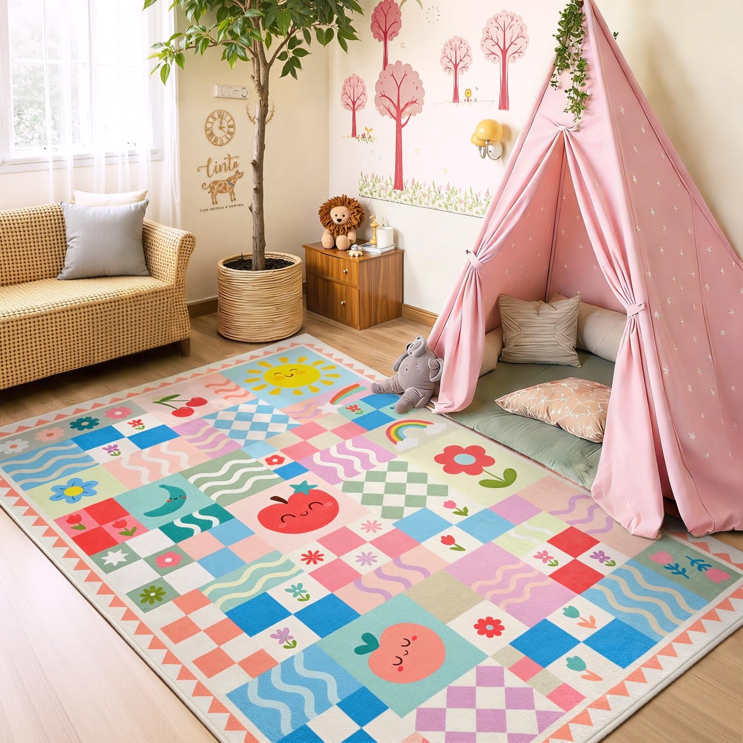 5x7 Washable Kid Bedroom Rug for Girls, Pink Baby Nursery Area Rug, Soft Non-Slip Toddler Playroom Carpet, Cute Colorful Strawberry Fruit Rainbow Checkered