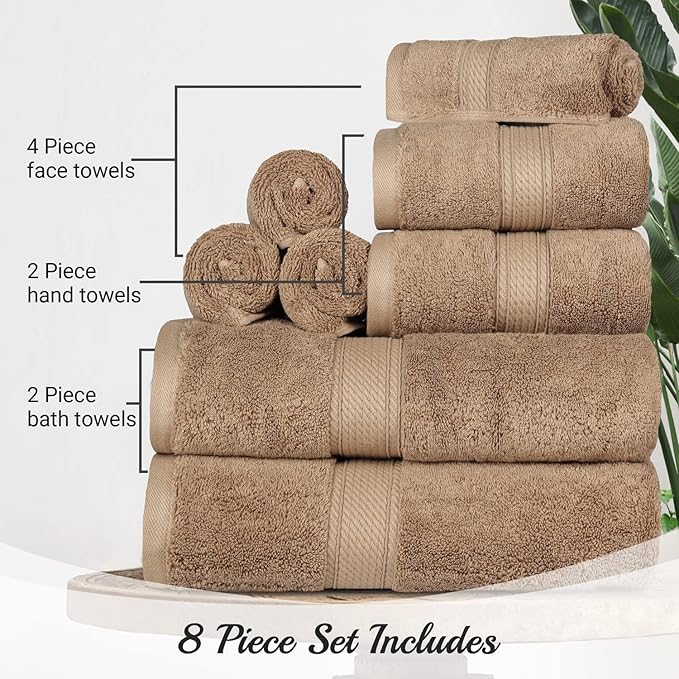 Superior Egyptian Cotton 8-Piece Solid Towel Set, Washcloths 13” x 13”