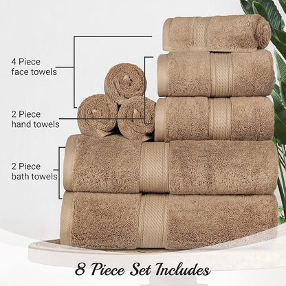 Superior Egyptian Cotton 8-Piece Solid Towel Set, Washcloths 13” x 13”
