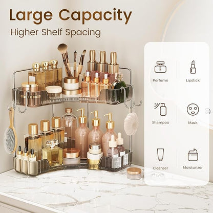 Corner Counter Organizer, 2-Tier Bathroom & Kitchen Storage Tray with Hooks | Clear Vanity Organizer for Skincare, Makeup & Jewelry