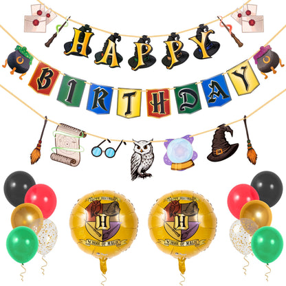 Pirese Wizard Birthday Decorations, Magical Happy Birthday Banner with Balloons, Pre-Strung Party Supplies, Gold Confetti Balloons & Unique Pirese Foil Balloon, Magical Decor for Kids & Adults