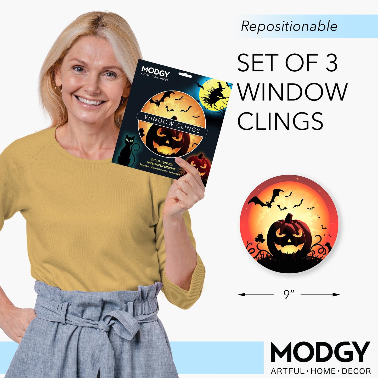 MODGY Window Art Clings, Decal Stickers and Decorations for Glass, Peel and Stick Decor, Removable, Reusable, 9 Inches Each, Set of 3 Per Sleeve, Halloween