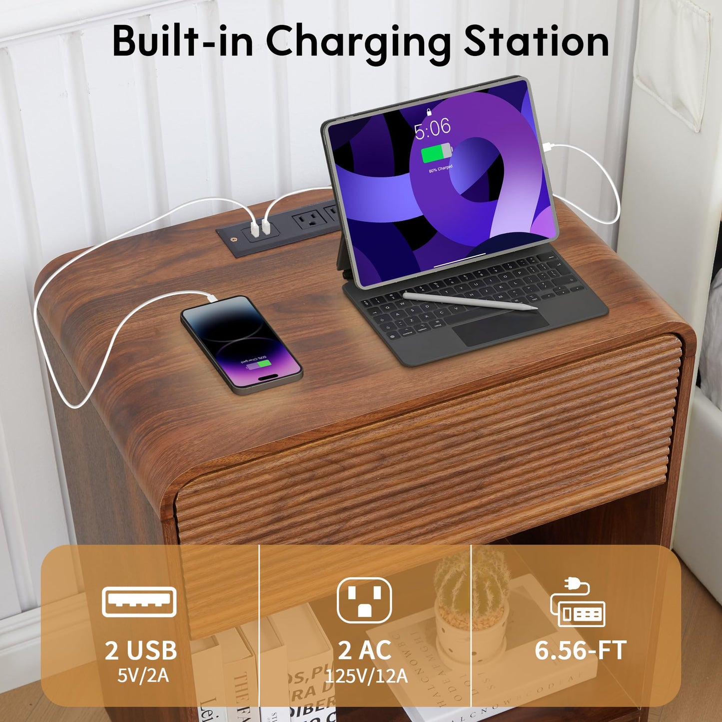 XUZENEST Fluted Nightstand with Charging Station, Mid Century Modern Bed Side Table End Table with Drawer Storage, Large Wooden Night Stands Bedside for Bedroom Living Room Sofa Office, Walnut