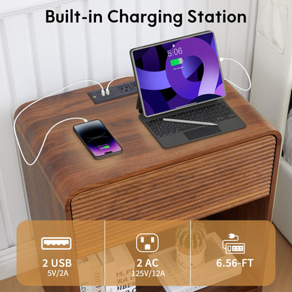 XUZENEST Fluted Nightstand with Charging Station, Mid Century Modern Bed Side Table End Table with Drawer Storage, Large Wooden Night Stands Bedside for Bedroom Living Room Sofa Office, Walnut