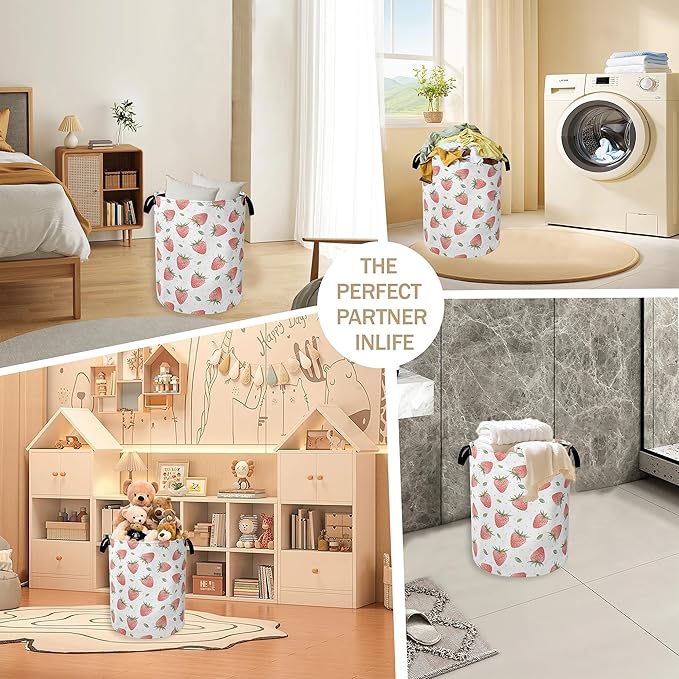 Watercolor Pink Strawberry Laundry Hamper, Waterproof Oxford Cloth Laundry Room